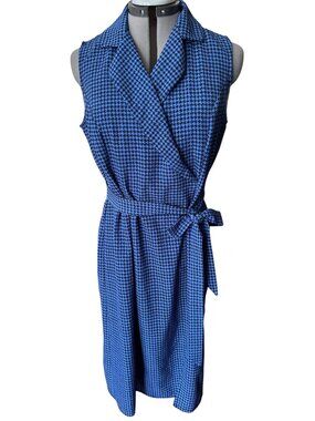 Emma & Michele Blue & Black Houndstooth Sleeveless Dress With Tie Belt Size L